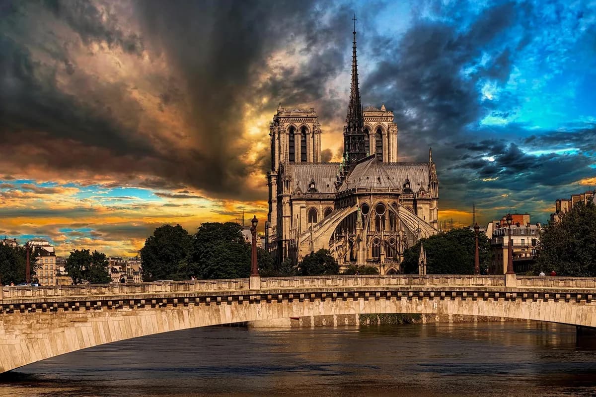 our lady, cathedral, historical, tourism, landmark, bridge, river, city, sky, clouds, nature, paris