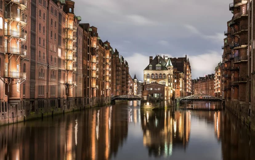 architecture, hanseatic city, cityscape, bridge, port, channel, city, downtown, germany, building, warehouse, historical, landmark, tourism, dusk, speicherstadt, hamburg, brick, flow, facade, fle