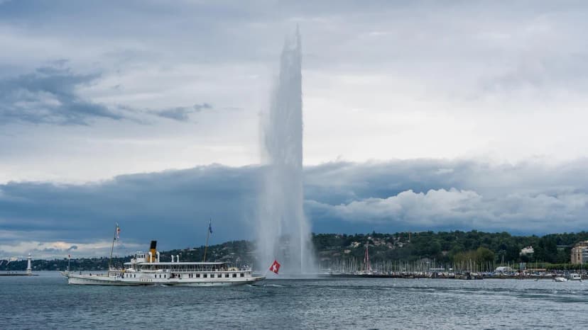 geneva, lake geneva, jet d'eau, fountain, lake, nature, clouds, sunset, evening atmosphere, water, landscape, evening sky, heaven, switzerland