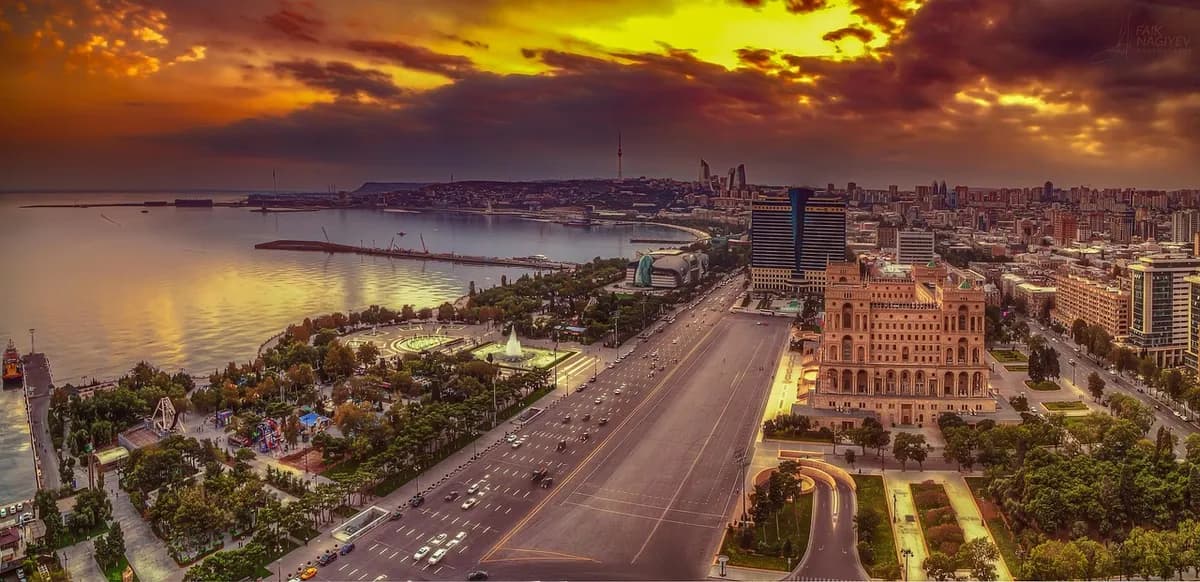 baku, azerbaijan, panorama, sunset, sea, caspian, town, city, cityscape, sky, architecture, travel, east, antique, old, wall, classic, exterior, nature, building, style, oriental, famous, tourism
