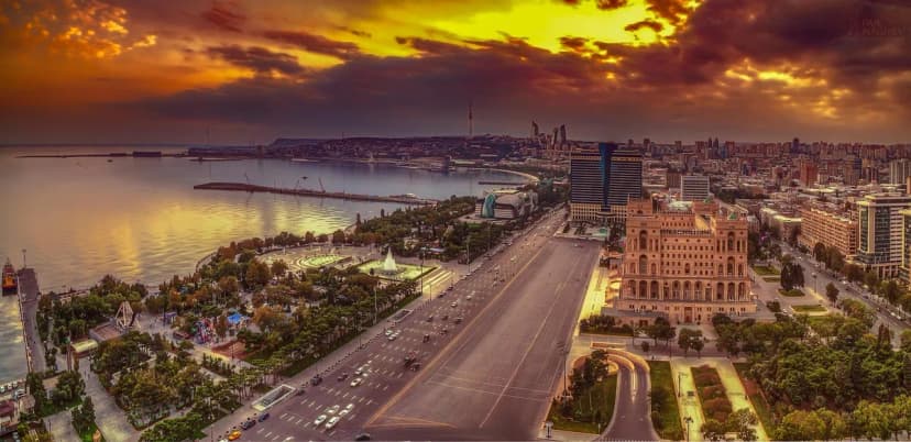 baku, azerbaijan, panorama, sunset, sea, caspian, town, city, cityscape, sky, architecture, travel, east, antique, old, wall, classic, exterior, nature, building, style, oriental, famous, tourism