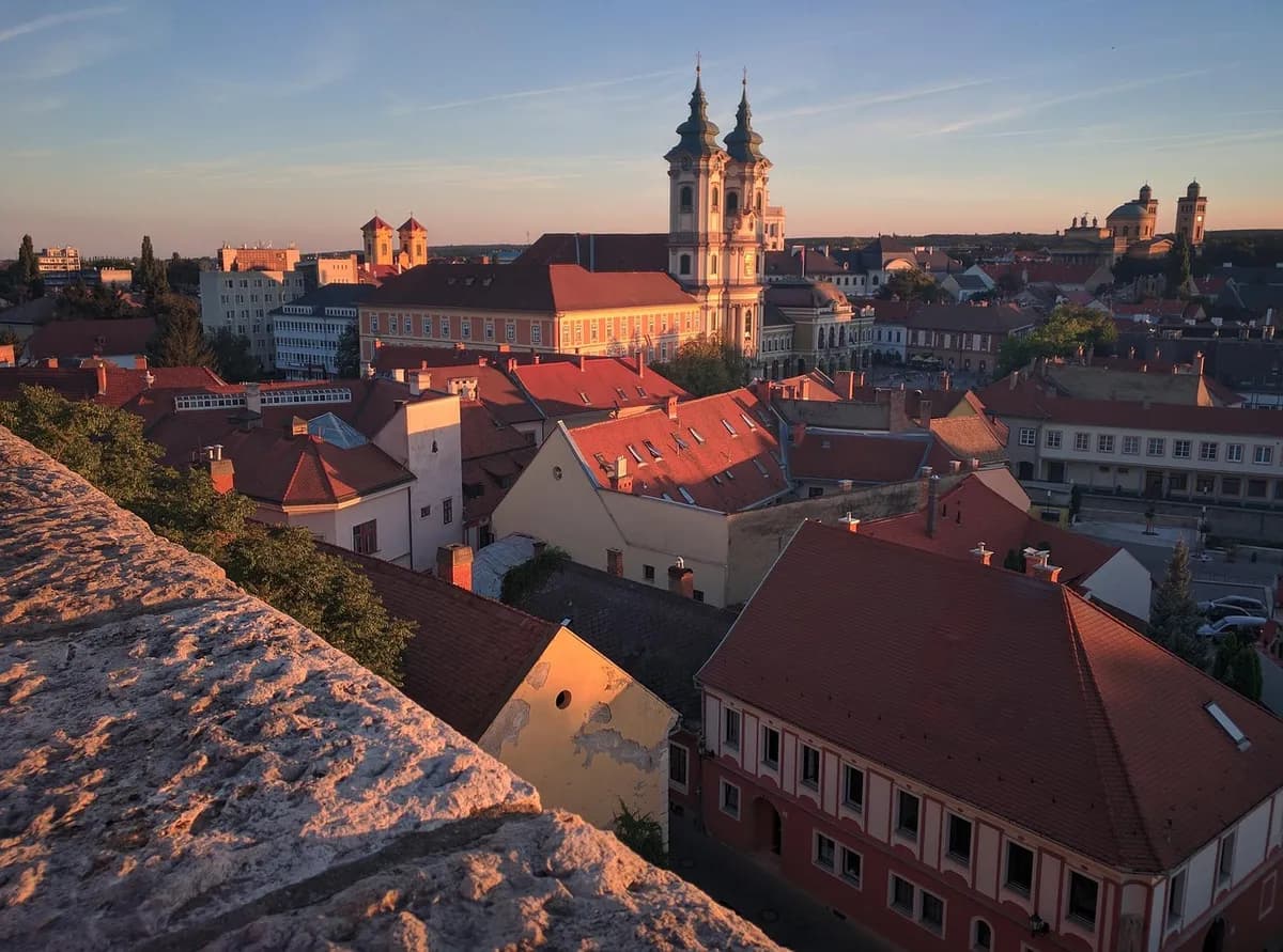 hungary, eger, europe, tourism, city, architecture, building, hungarian, summer, temple, tower, sky, tourist destinations, monument, plant, tree, red, roof, nice, yellow, north, landscape, panora