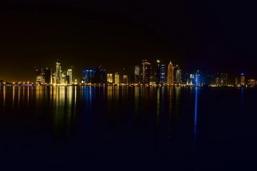 doha, qatar, mosque, night, arabic, travel, persian, skyline, blue, landmark, harbor, boat, reflection, arab, city, sea, dhow, bay, arabia, east, dusk, evening, black city, black travel, black se