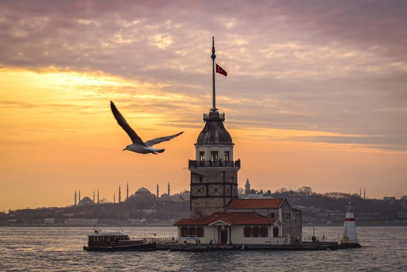 river, sunset, maiden's tower views, isanbul, nature, leandertoren, island, architecture, turkey, bosphorus, building, cityscape, tourism, travel, tower, panorama, romantic, seagull, bird, citytr